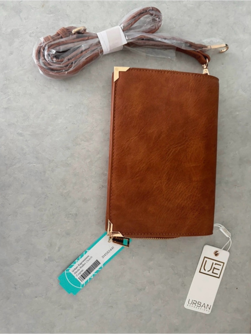 Urban Expressions Cognac Brown Crossbody Phone Wallet with Gold Corners